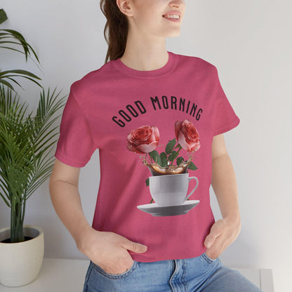 Good Morning Floral Coffee Tee, Unisex Jersey Short Sleeve Tee, Inspirational Gift, Birthday Gift, Casual Wear, Spring Vibes